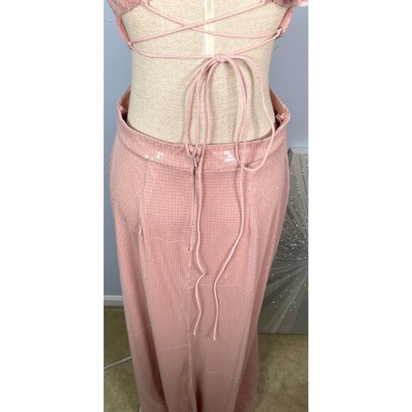 Mac Duggal Sequined Ruffled Cutout Lace Up Rose Pink Maxi Gown Sz 8 - Picture 10 of 14